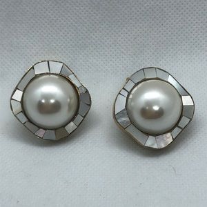 Statement Mother of Pearl Clip-on Earrings Signed